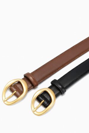 Set 2 Curele Elegante pentru Femei din Piele de Calitate Superioara si Catarama Aurie, PriStyle®, Negru si Maro, 110 cm