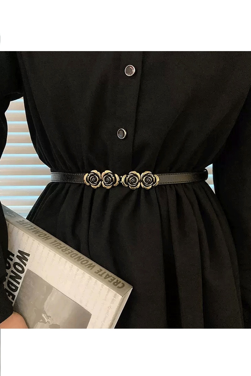 Curea Subtire Dama din Piele, cu Catarama Decorativa Florala Aurie, Accesoriu Elegant pentru Rochii, Talie si Outfituri Casual sau Office, Ideala pentru Talii de 60-100 cm, Neagra, PriStyle® - Image 3