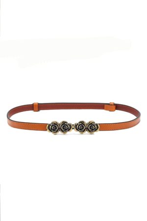 Curea Subtire Dama din Piele, cu Catarama Decorativa Florala Aurie, Accesoriu Elegant pentru Rochii, Talie si Outfituri Casual sau Office, Ideala pentru Talii de 60-100 cm, Portocalie, PriStyle®