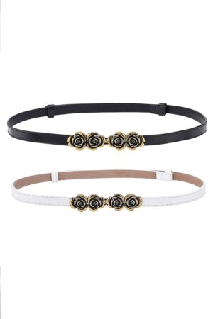 Set 2 Curele Subtiri Dama din Piele, cu Catarama Decorativa Florala Aurie, Accesorii Elegante pentru Rochii, Talie si Outfituri Casual sau Office, Ideale pentru Talii de 60-100 cm, Alb si Negru, PriStyle®