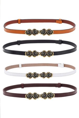 Set 4 Curele Subtiri Dama din Piele, cu Catarama Decorativa Florala Aurie, Accesorii Elegante pentru Rochii, Talie si Outfituri Casual sau Office, Ideale pentru Talii de 60-100 cm, Alb, Negru, Maro si Portocaliu, PriStyle®