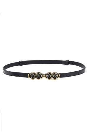 Curea Subtire Dama din Piele, cu Catarama Decorativa Florala Aurie, Accesoriu Elegant pentru Rochii, Talie si Outfituri Casual sau Office, Ideala pentru Talii de 60-100 cm, Neagra, PriStyle®