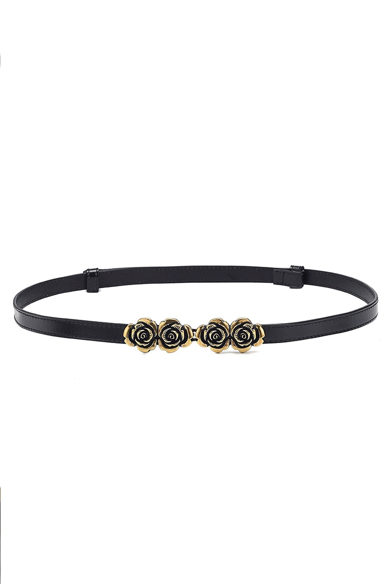 Curea Subtire Dama din Piele, cu Catarama Decorativa Florala Aurie, Accesoriu Elegant pentru Rochii, Talie si Outfituri Casual sau Office, Ideala pentru Talii de 60-100 cm, Neagra, PriStyle®